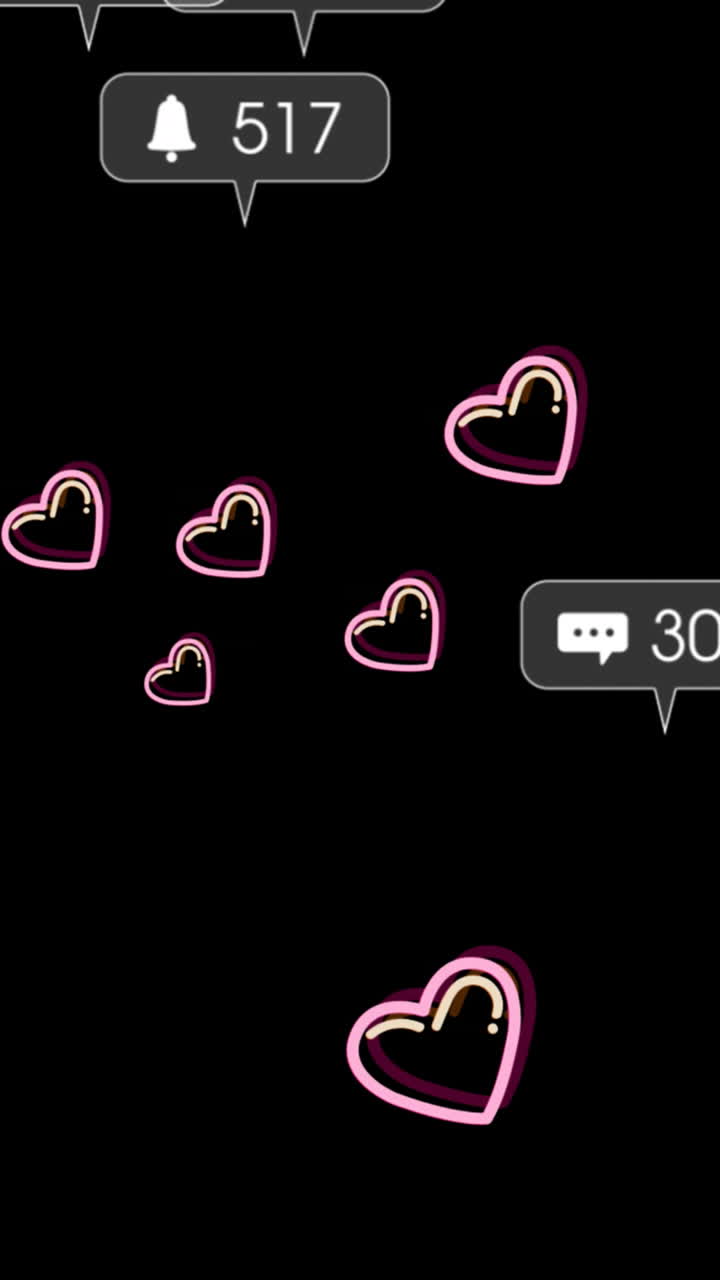 Animation of hearts and social media reactions over black background