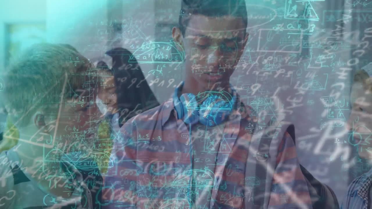 Animation of mathematical calculations moving over diverse schoolchildren using tablet together