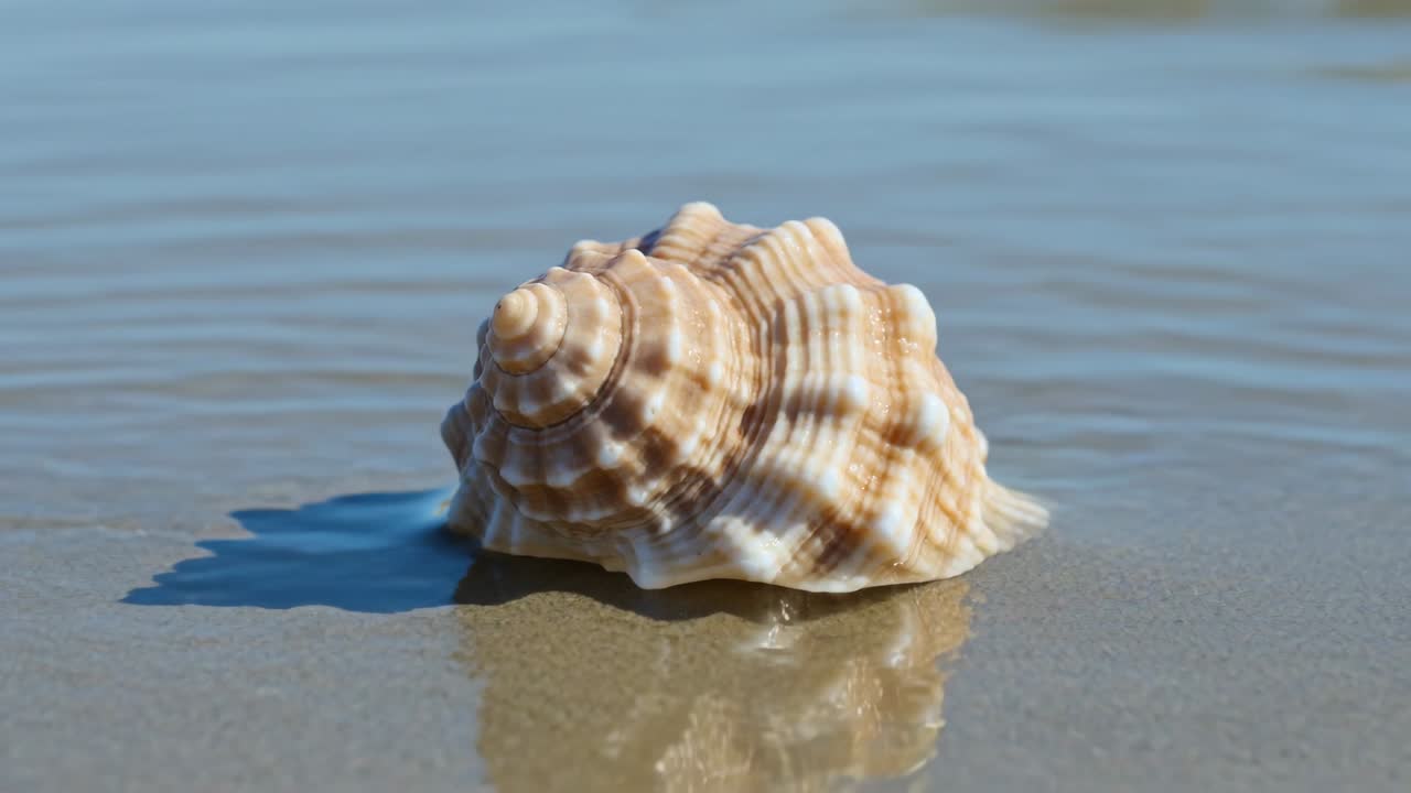 Receiving incoming ripple, single spiral conch displaying sharper reflection on wet sand from tide