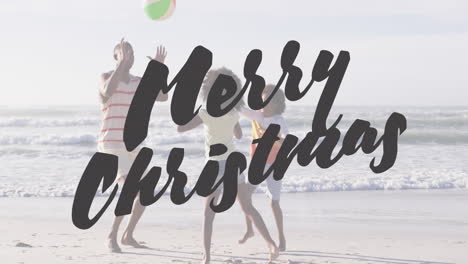 animation of christmas greetings text over african american man with son and daughter on beach