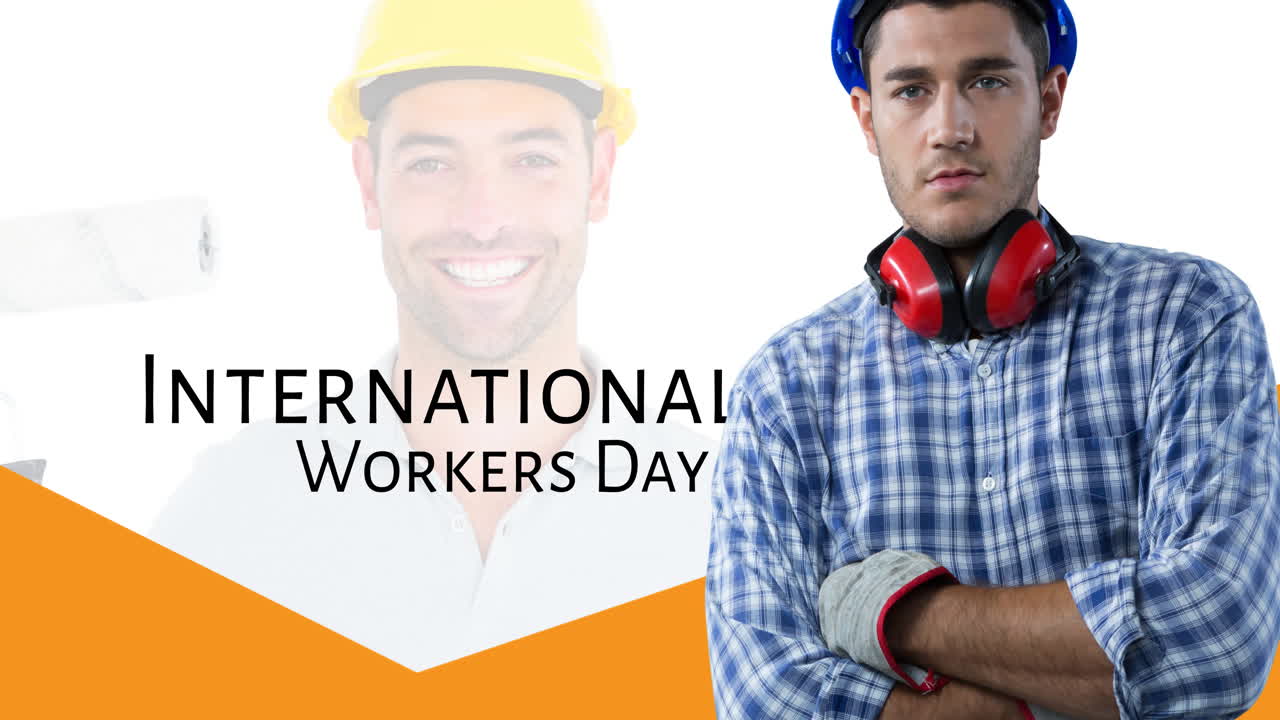 animación de un trabajador caucásico sonriente con los brazos cruzados sobre el texto del día internacional de los trabajadores