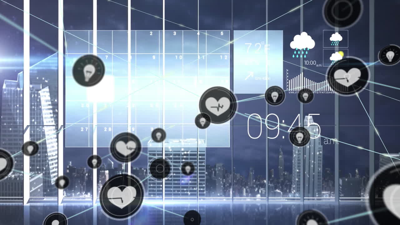 Digital heart icons and weather data animation over city skyline at night