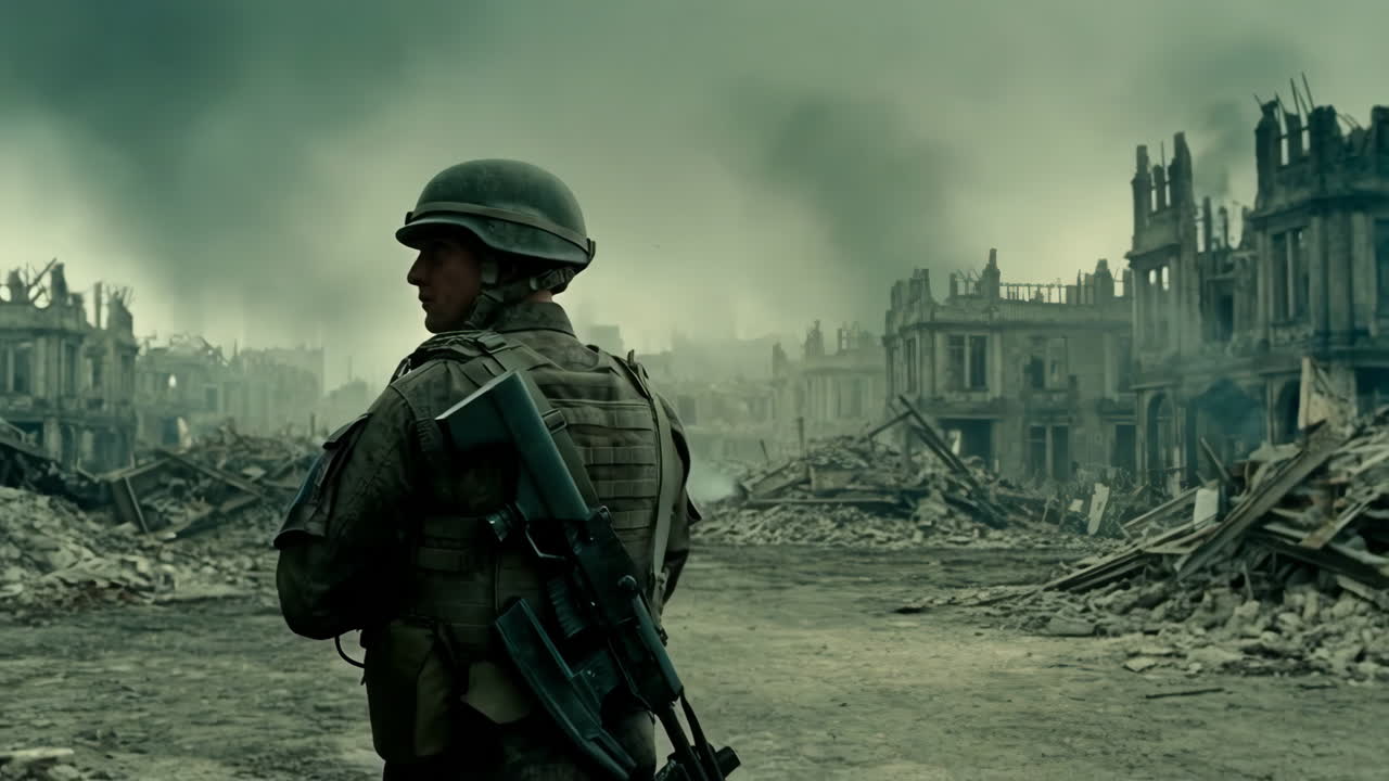 Soldier Standing Amidst War-Torn City Ruins
