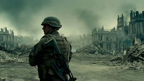 soldier standing amidst war-torn city ruins