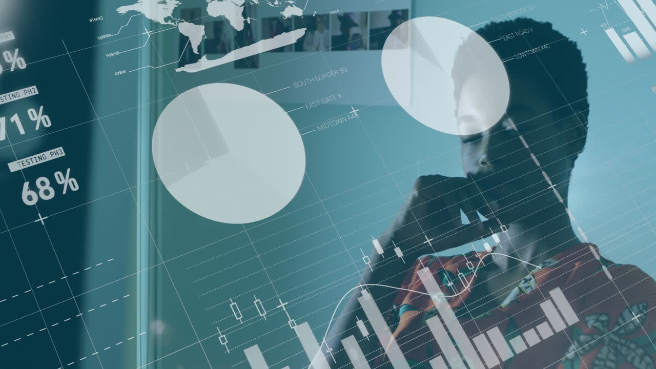 animación del procesamiento de datos estadísticos contra una mujer afroamericana reflexiva en la oficina