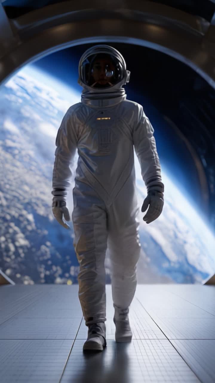 An astronaut in a sleek space suit, stands confidently in front of Earth, showcasing an advanced space environment that captivates the essence of interstellar exploration