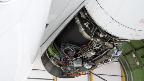 Close-up-of-open-airplane-turbine,-Rolls-Royce-Engine