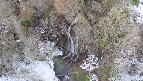 Top-View-Of-Waterfall-And-Forest-Landscape-In-Harz,-Germany---drone-shot