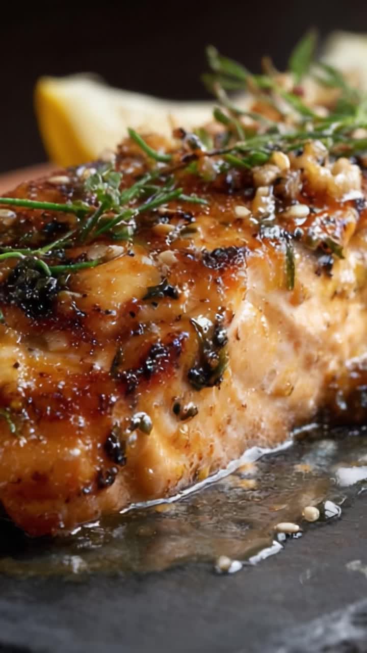 Köstlich gegrilltes Lachsfilet mit frischen Kräutern und spritziger Zitrone auf einer rustikalen Schieferplatte, das saftige Textur und geschmackvolle Glasur präsentiert