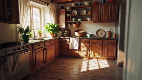 rustic kitchen interior with sunlight