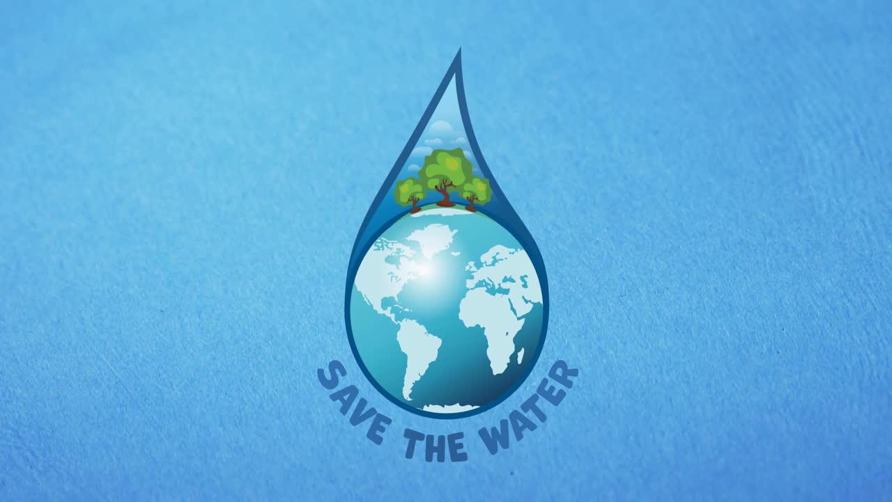 Animation of save water text and globe in water droplet on blue background