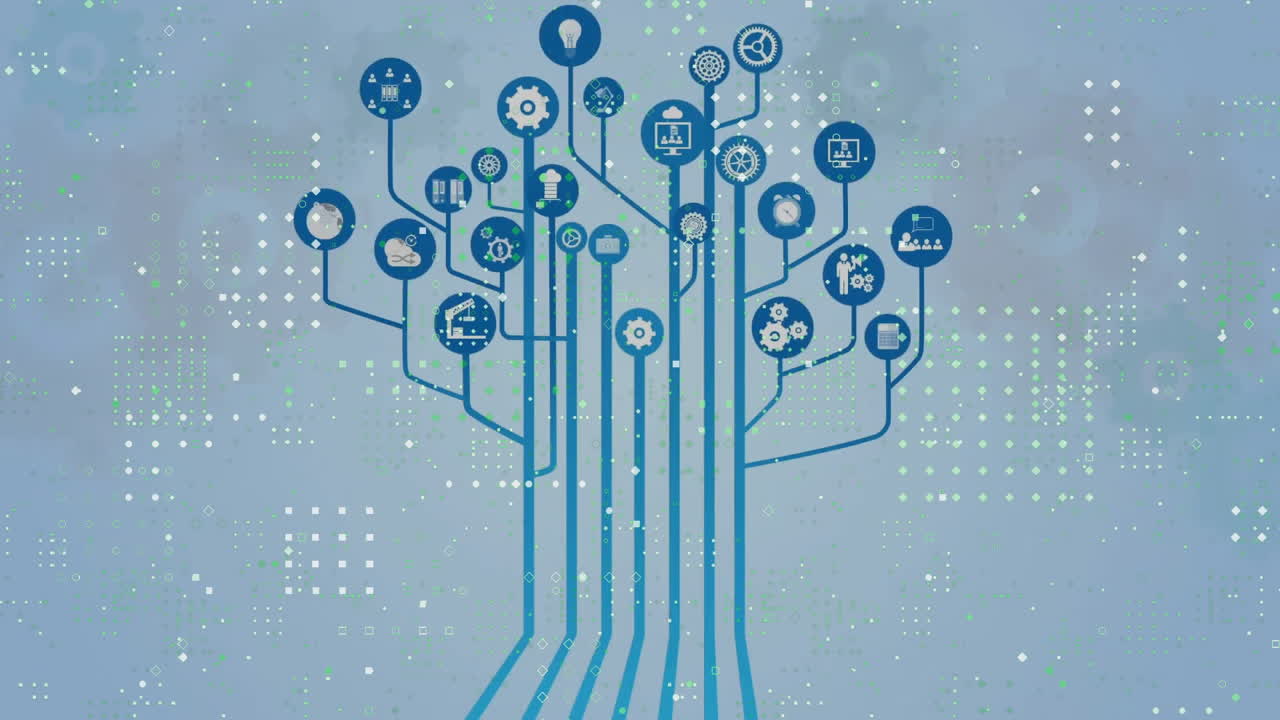 Animation of digital data processing over ai icons and connections
