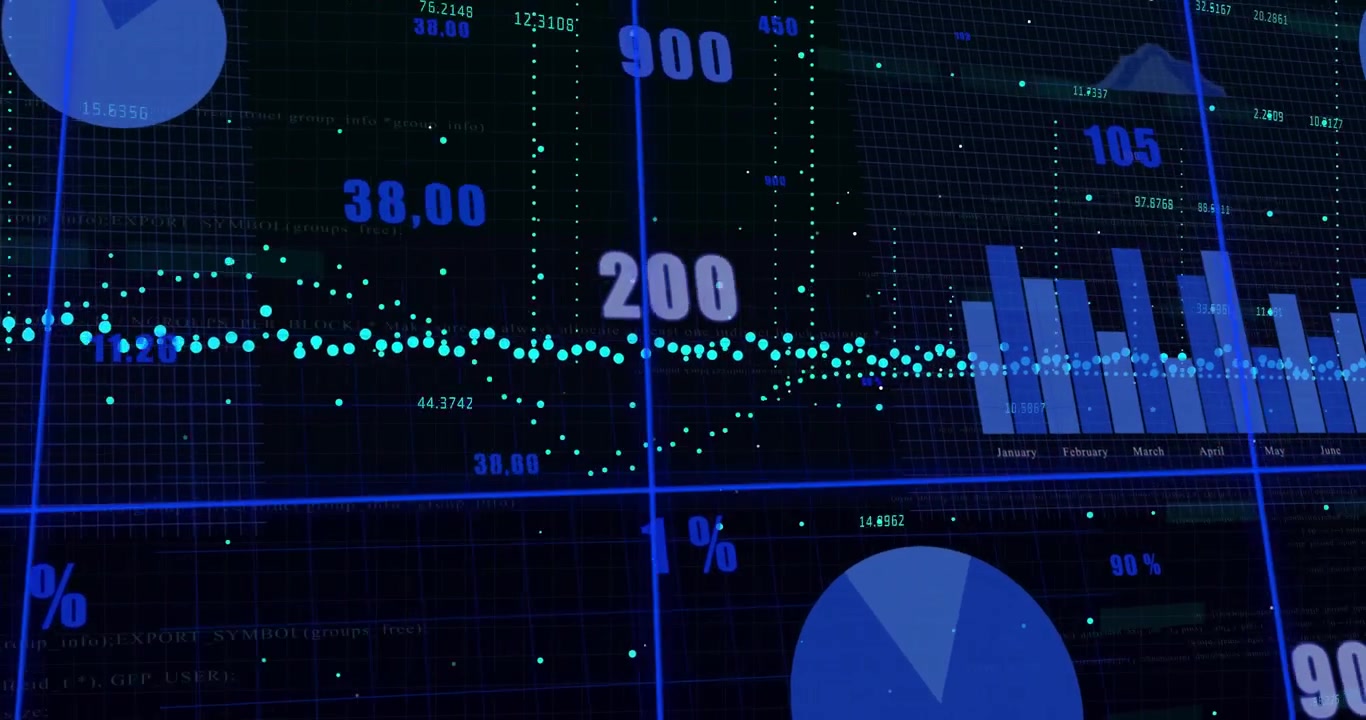 Animation of financial data processing on black background