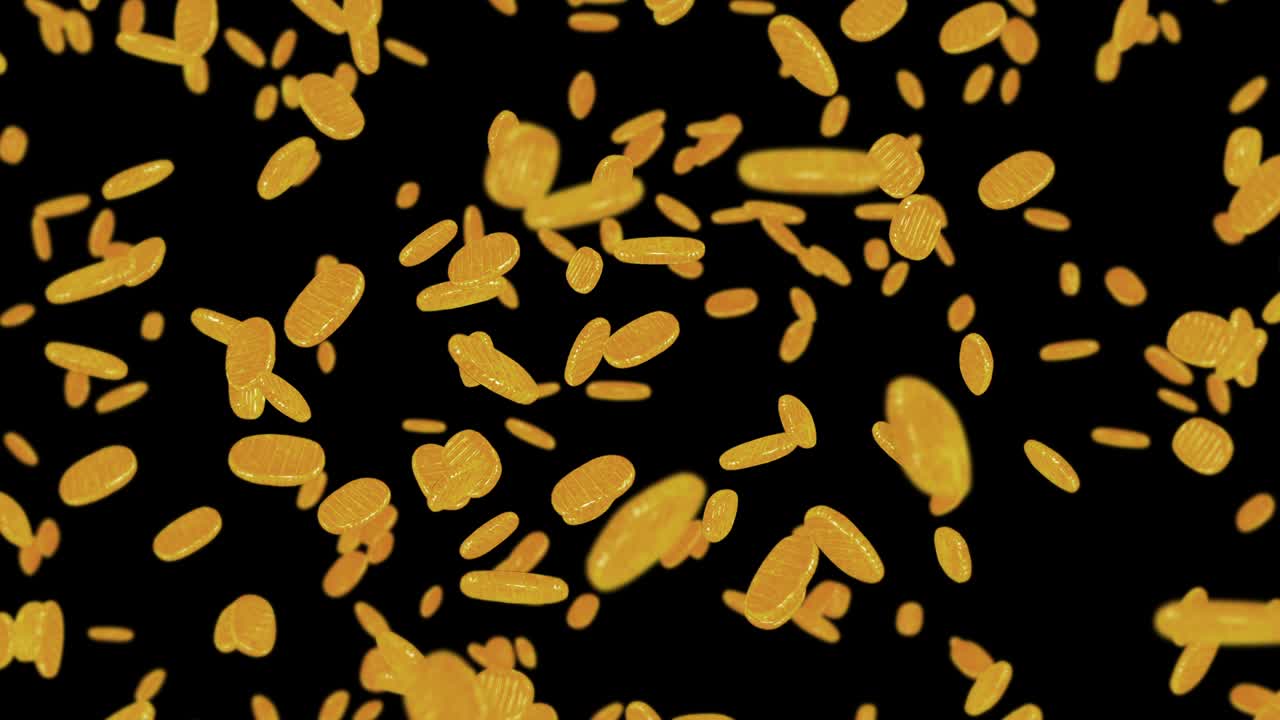 Flying many Koban coins on black background. Japanese oval golden coin. Money in Edo period. 3D animation of coin rotating. Loop animation.