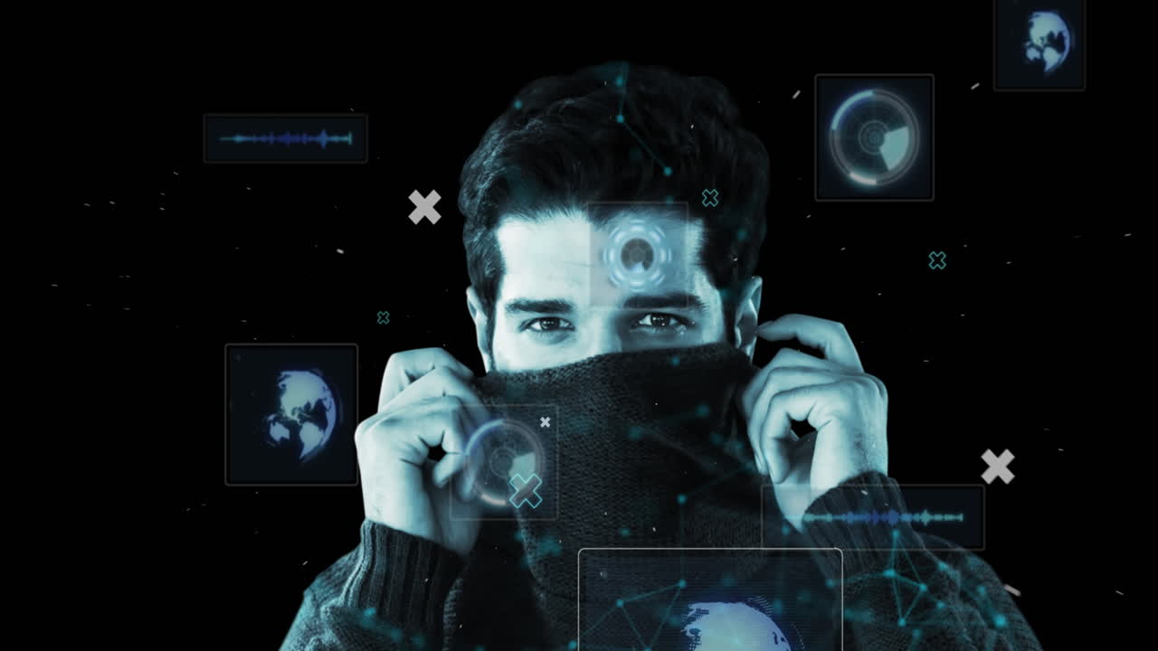 animación de escaneo de alcance y procesamiento de datos sobre el hombre mirando a la cámara