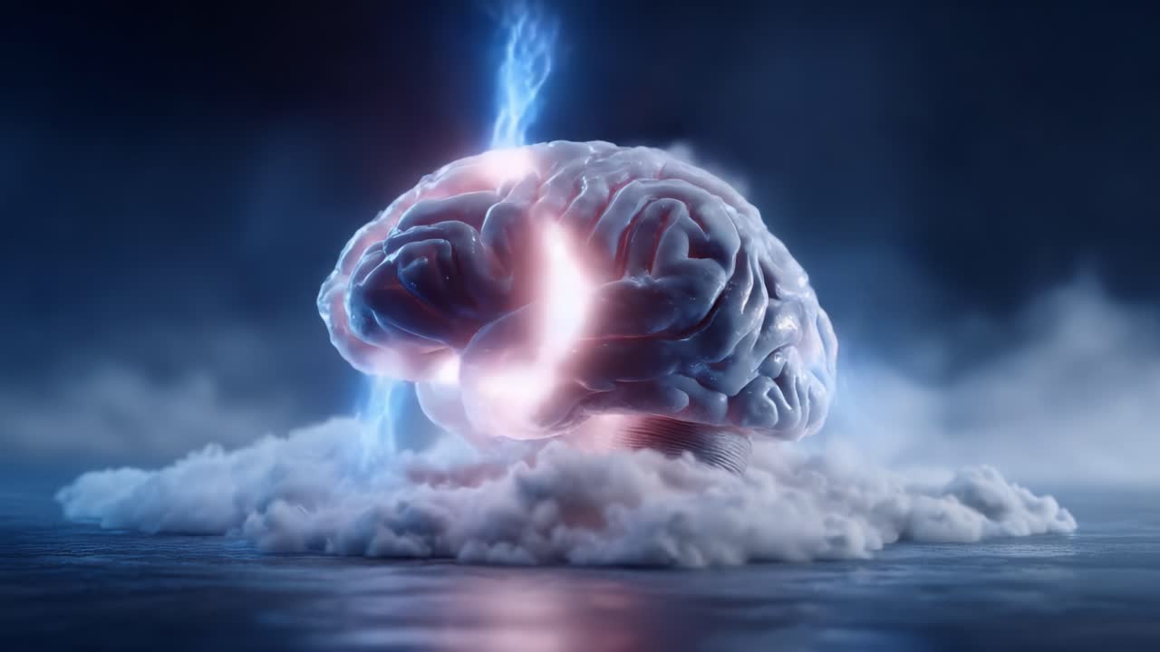 A Dramatic Depiction of a Human Brain Surrounded by Clouds and Electric Energy, Capturing the Power of Thought and Emotion in a Surreal Environment