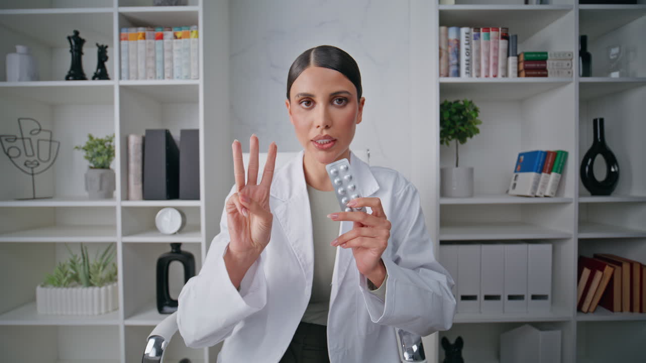 Online doctor instructing medication dosage in clinic closeup. Woman provider