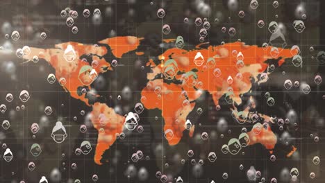 Animación-De-Emojis-Enfermos-Que-Caen-Sobre-El-Mapa-Mundial-Sobre-Fondo-Oscuro