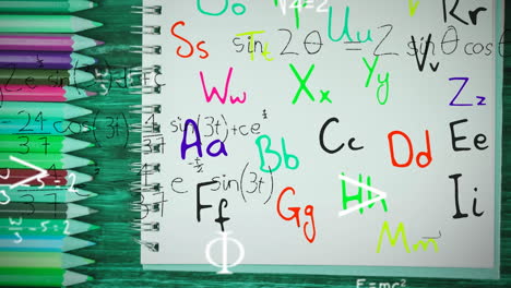 animation of moving mathematical formulas and letters over crayons and notebook