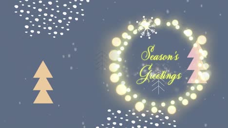Animation-of-christmas-greetings-in-fairy-lights-frame-over-christmas-trees-and-snow-background