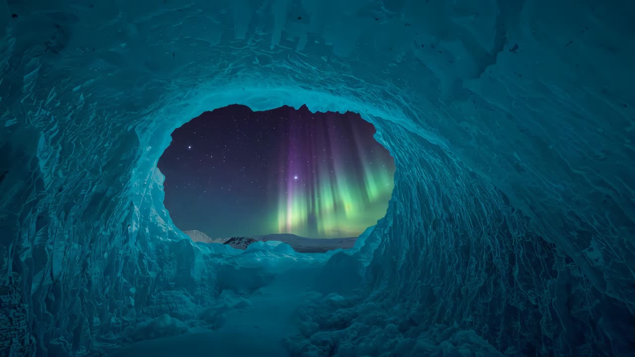Moving camera revealing more ice texture and enlarging oval opening at night, aurora lighting walls