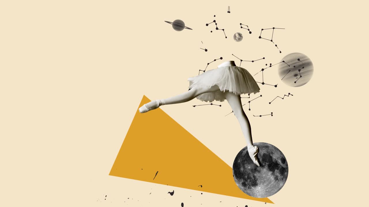 Contemporary art collage. Inspiration, idea, trendy urban magazine style. Female legs dancing on moon on geometrical background. Stop motion and 2D animation