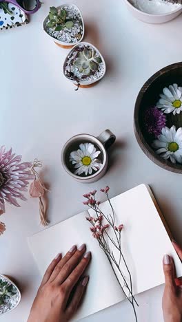 stylish workspace with flowers and journal