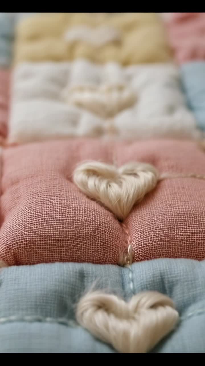 Video verticale: camera con cambio di messa a fuoco che mostra cuori trapuntati color crema su un pannello di quilt a casa per i dettagli