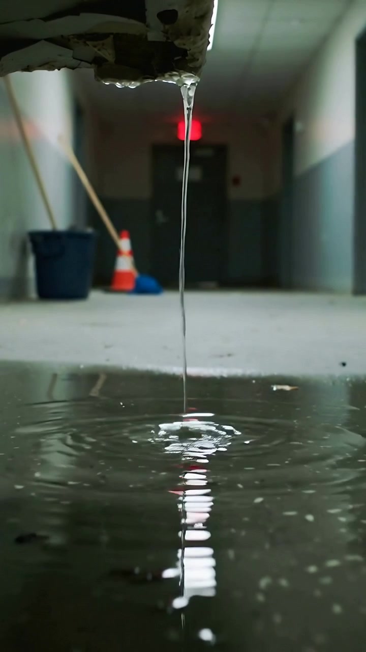 Vertical video: Leaking edge sending water drops into corridor puddle, making ripples with mop cone