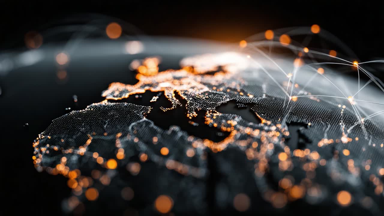 A Glowing Representation of Europe with Network Connections Highlighted by Illuminated Points on a Dark Background, Showcasing Digital Connectivity and Geospatial Technology