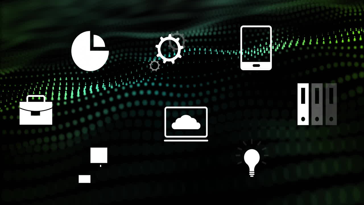 Technology icons animation over digital green and black dotted background