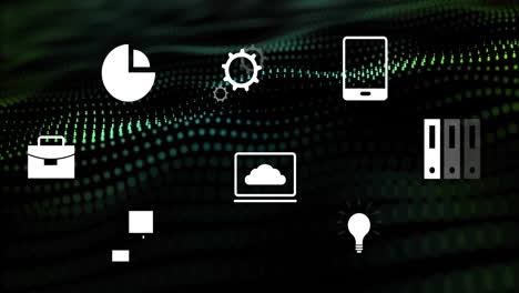 technology icons animation over digital green and black dotted background