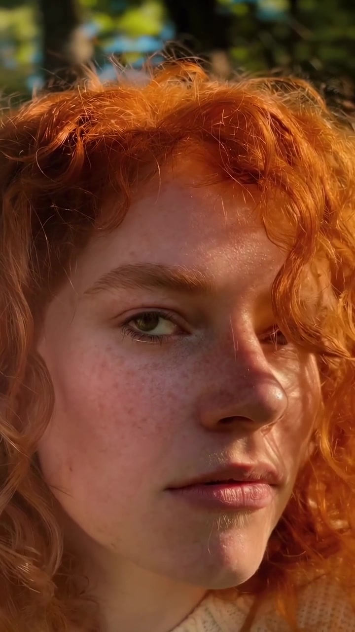Young Redhead Woman with Freckles Opening Eyes in Golden Hour