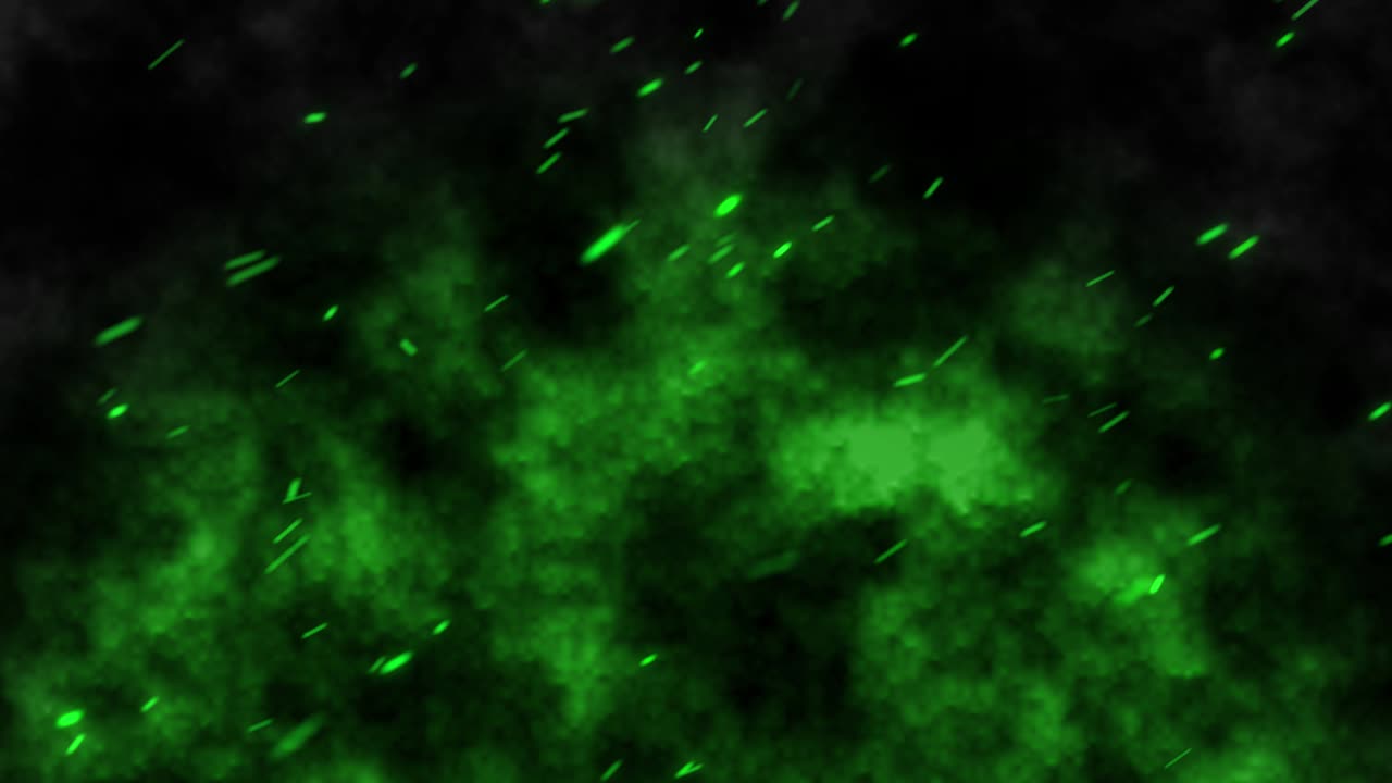 Green colored fire flames from the firewood. Fire Particles over black background with smoke. 4K