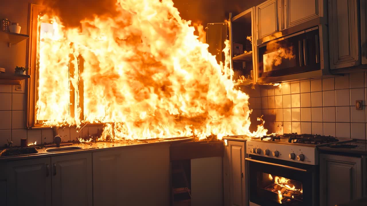 Eine Küche mit einem großen Feuer, das aus dem Ofen kommt