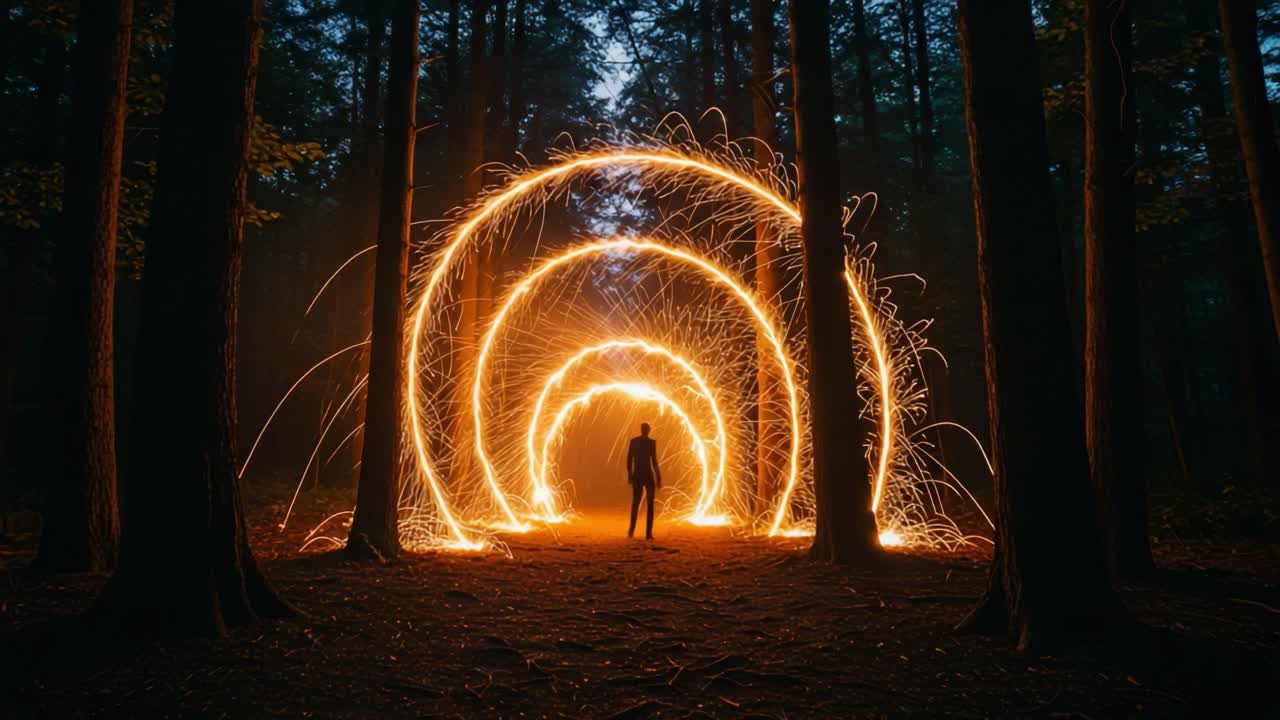 A Stunning Display of Light Trails Illuminates a Forest Path, Showcasing a Magical Atmosphere Created by Fiery Sparks and Surrounded by Tall Trees on a Mysterious Evening
