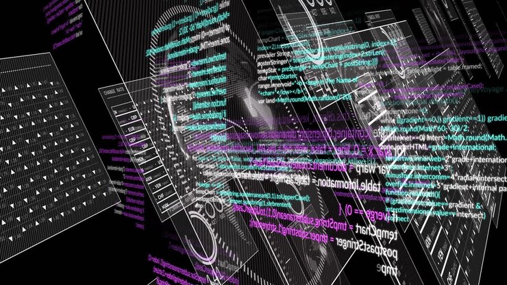 Animation of financial data processing and scope over black background