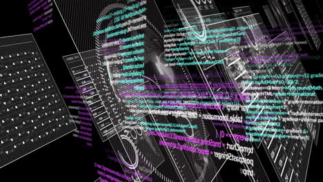 Animation of financial data processing and scope over black background