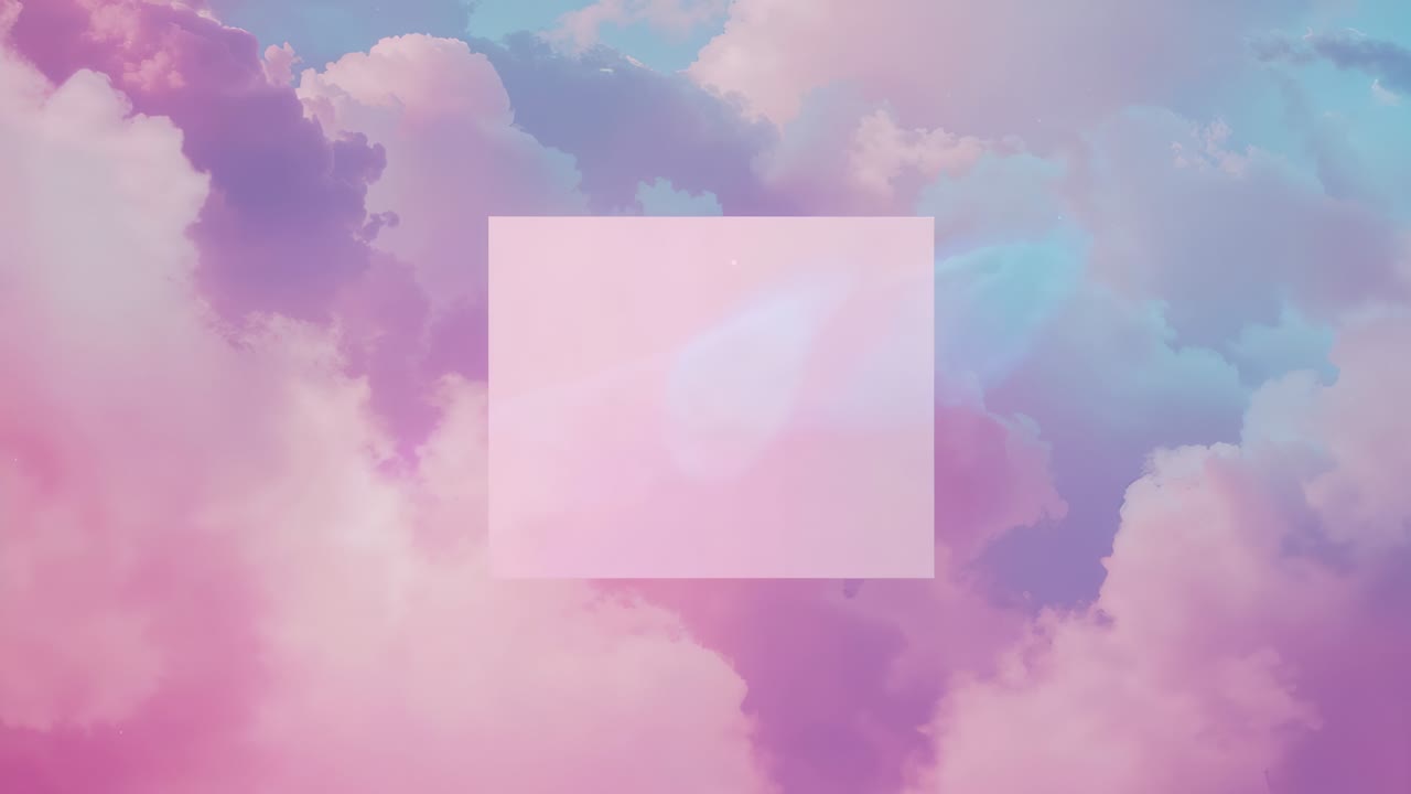 Playback starting centered pink rectangle hovering over pastel cloud scene, acting as placeholder