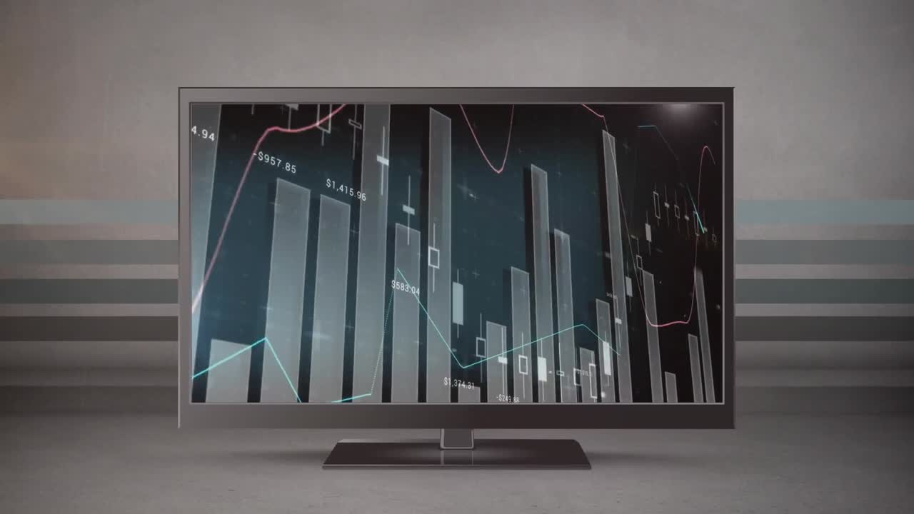 회색 배경에 컴퓨터 화면에서 통계 데이터 처리의 애니메이션