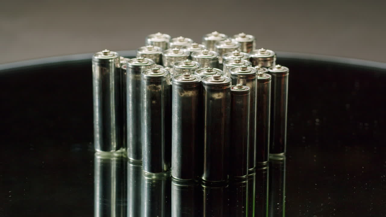 Silver batteries AA and AAA on black background close-up. Double-A battery is a standard size single cell cylindrical dry battery. Batteries are common in portable electronic devices. An AA battery is composed of a single electrochemical cell that may be either a primary battery or a rechargeable ba