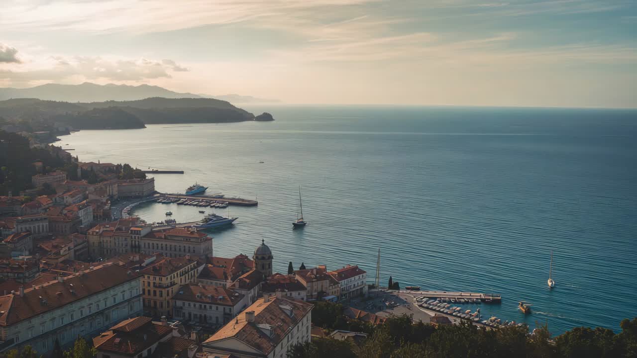 Inizio del tracciamento con drone e angolazione della camera su una città costiera e un porticciolo verso il mare aperto, mostrando una barca a vela alla deriva