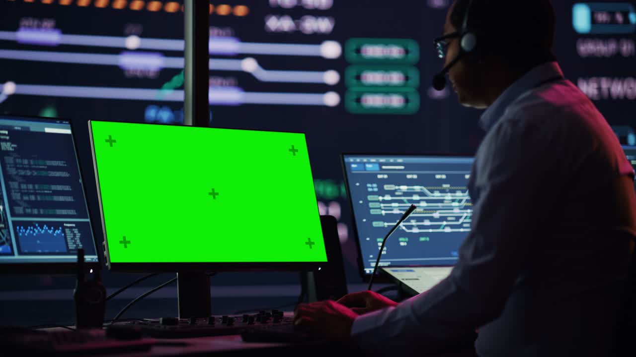 Professional IT Technical Support Specialist and Software Developer Working on Computer with Green Screen Mock Up Display in Monitoring Control Room with Digital Screens. Employee Puts on Headphones.