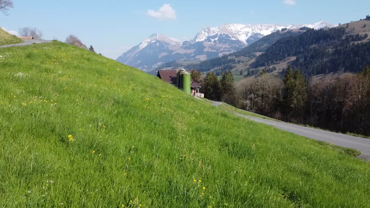 은 날씨 에 스위스 의 농장 과 산 들 의 전망 이 있는 초원