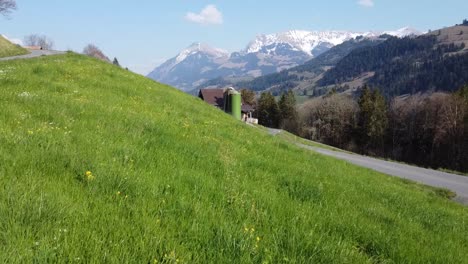 green meadow with farm and view of the mountains in switzerland in sunny weather