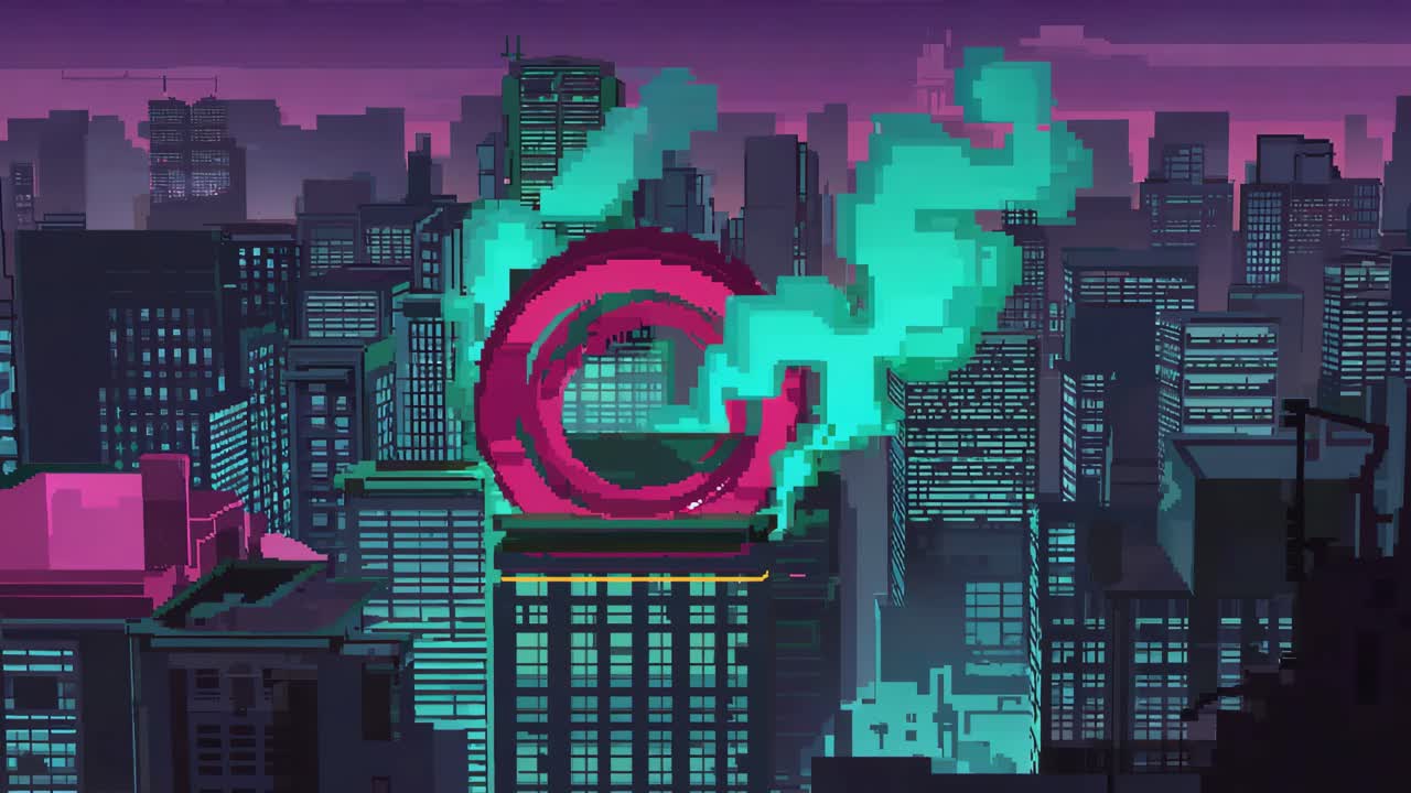 Pixel Art Cyberpunk Cityscape at Night with Glowing Symbol