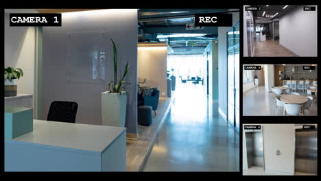 four security camera views of business offices, cafe, corridor and stairway interiors, slow motion