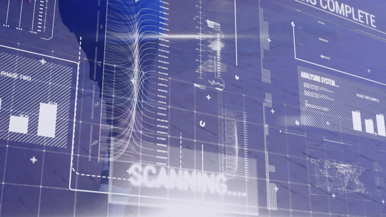 스캐너 인터페이스와 데이터 처리의 애니메이션 남성 운동 선수와 달리기 블레이드 훈련