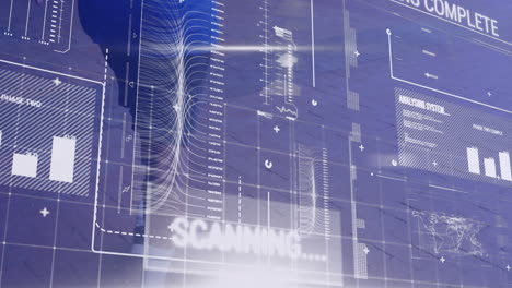 animation of scanner interface and data processing over male athlete with running blade training