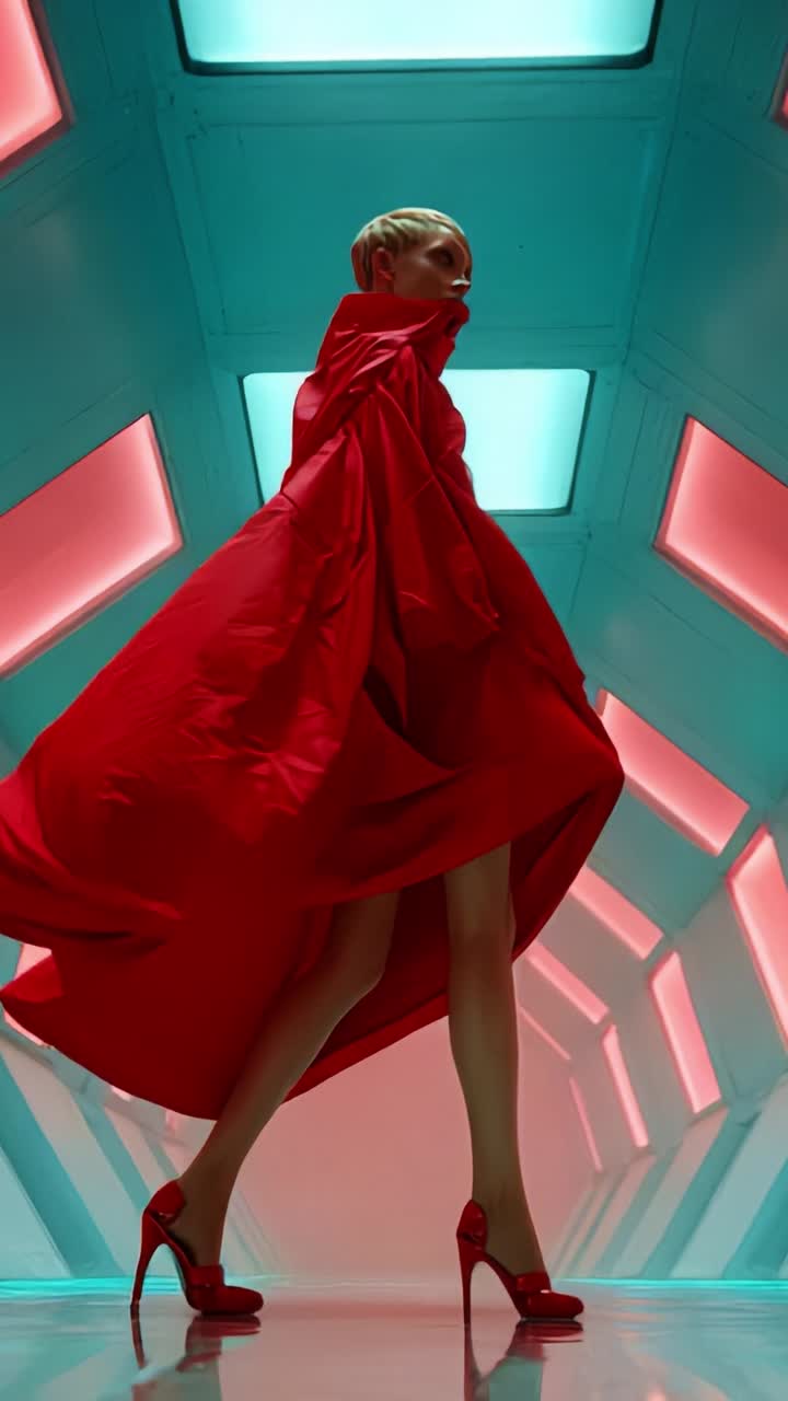 A striking model in a flowing red gown showcases elegance and style within an avant-garde, vividly colored setting, capturing attention and imagination